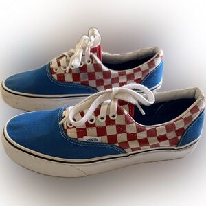 Vans Red and White Checkered with Blue Classic Sneakers, W 8.5; M 7